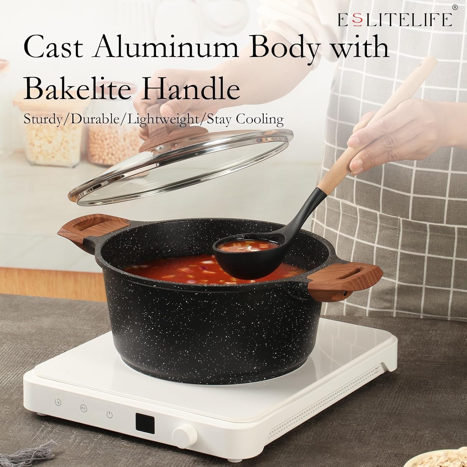Nonstick Stock Pot with Lid, 5 Quart Granite Casserole Large Soup Pot Pasta Cooking Pot, Induction Compatible, PTFE & PFOA Free, Black