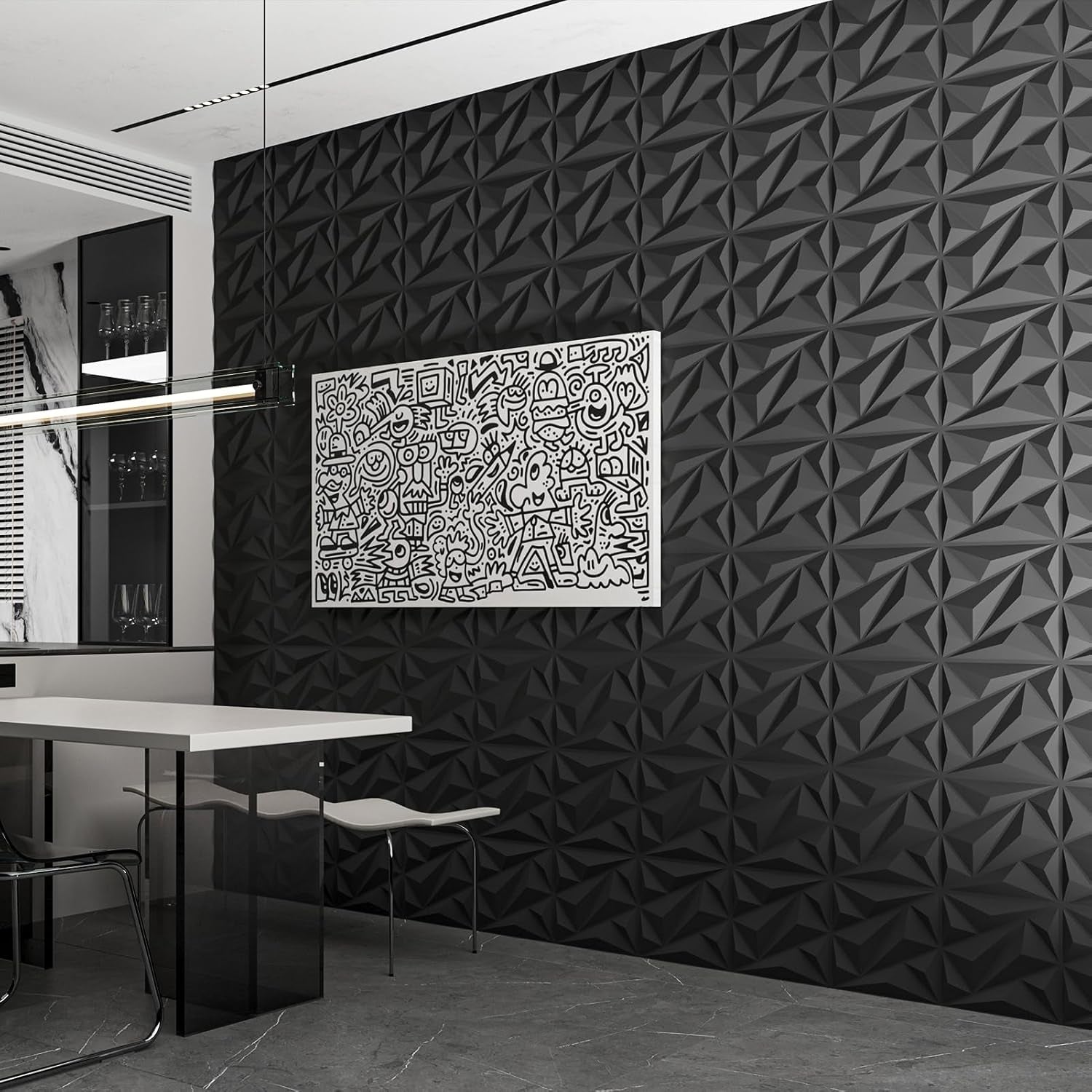33 Pack 3D Wall Panel Diamond for Interior Wall Décor, PVC Flower Textured Wall Panels for Living Room Lobby Bedroom Hotel Office, Black, 12''X12'' Cover 32.Sq.Ft.