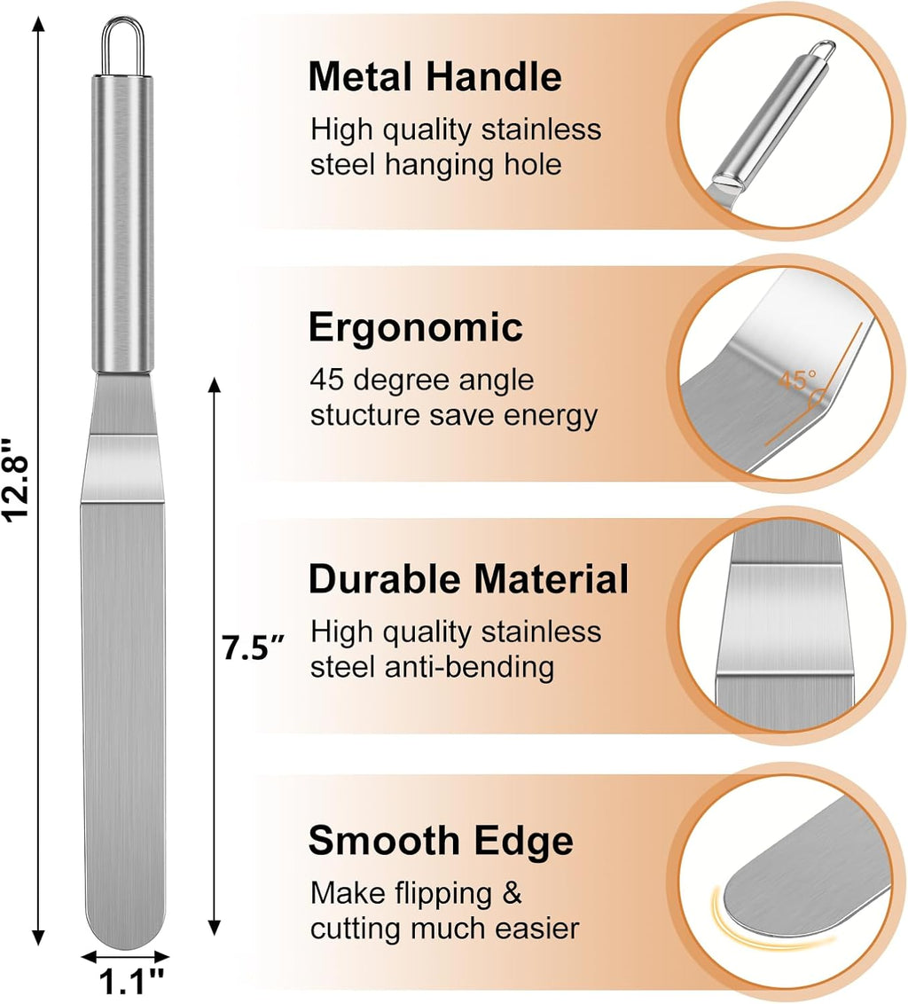 Crepe Spreader and Spatula Kit, Metal Handle Curved Offset Spacula 12", Stainless Steel 7" & 5" T-Shaped Batter Spreaders, Pancake Tool, Crepes Turner Sticks Fit Any Crepe Pan Maker, Pack of 3