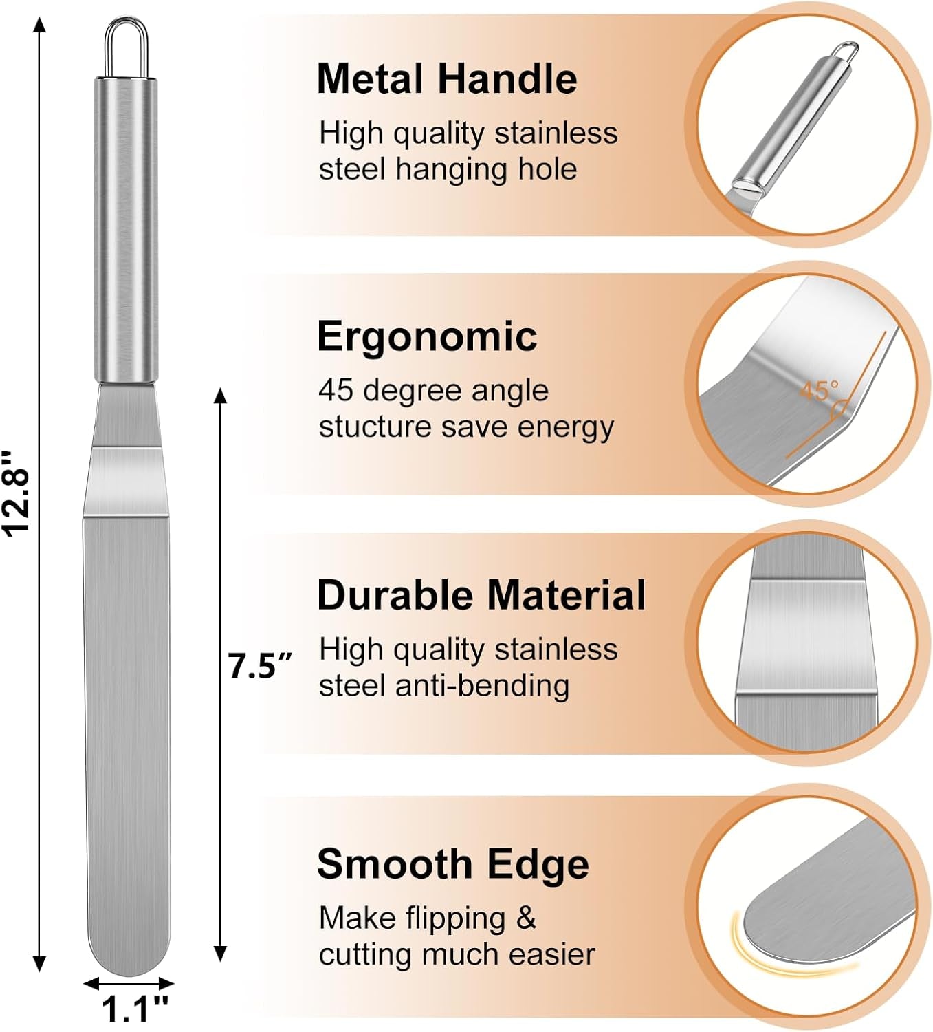 Crepe Spreader and Spatula Kit, Metal Handle Curved Offset Spacula 12", Stainless Steel 7" & 5" T-Shaped Batter Spreaders, Pancake Tool, Crepes Turner Sticks Fit Any Crepe Pan Maker, Pack of 3
