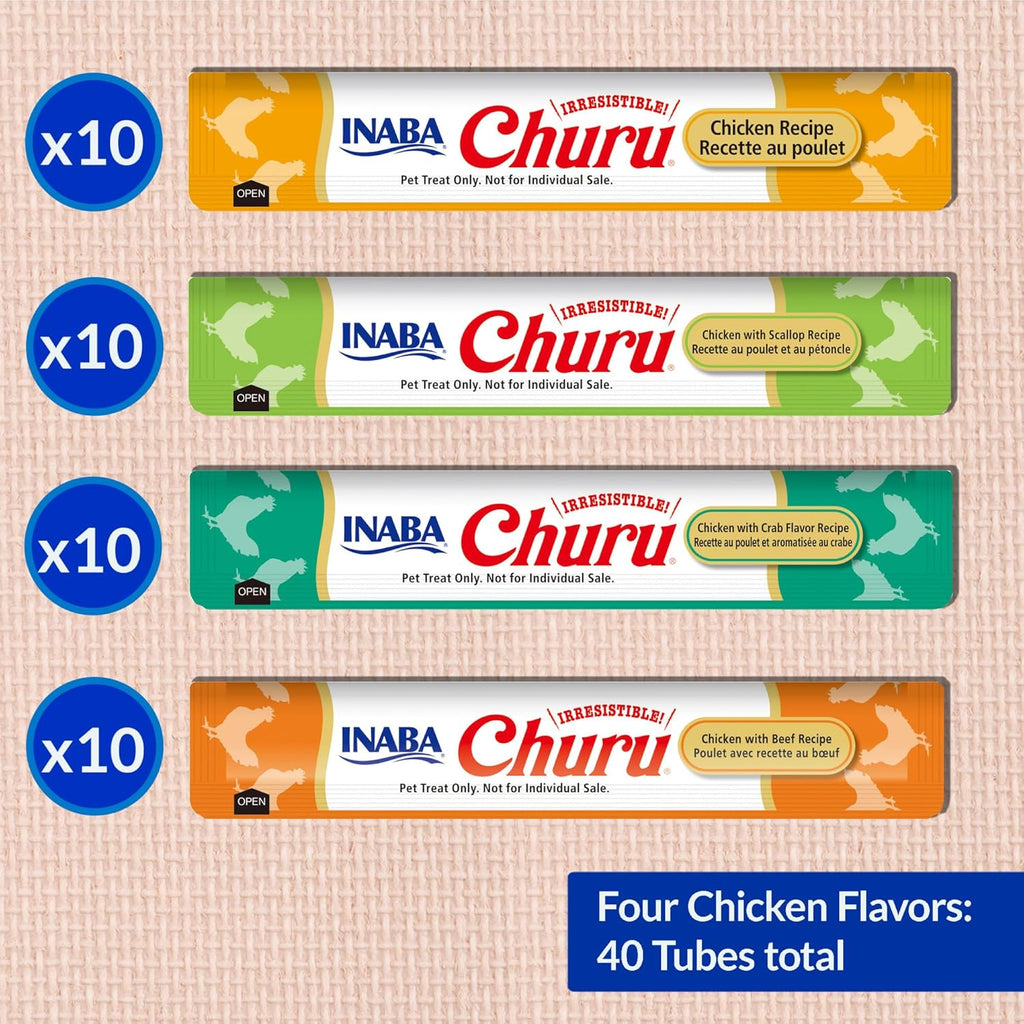 Churu Cat Treats, Lickable, Squeezable Creamy Purée Cat Treat with Green Tea Extract & Taurine, 0.5 Ounces Each Tube, 40 Tubes, Chicken Variety Box
