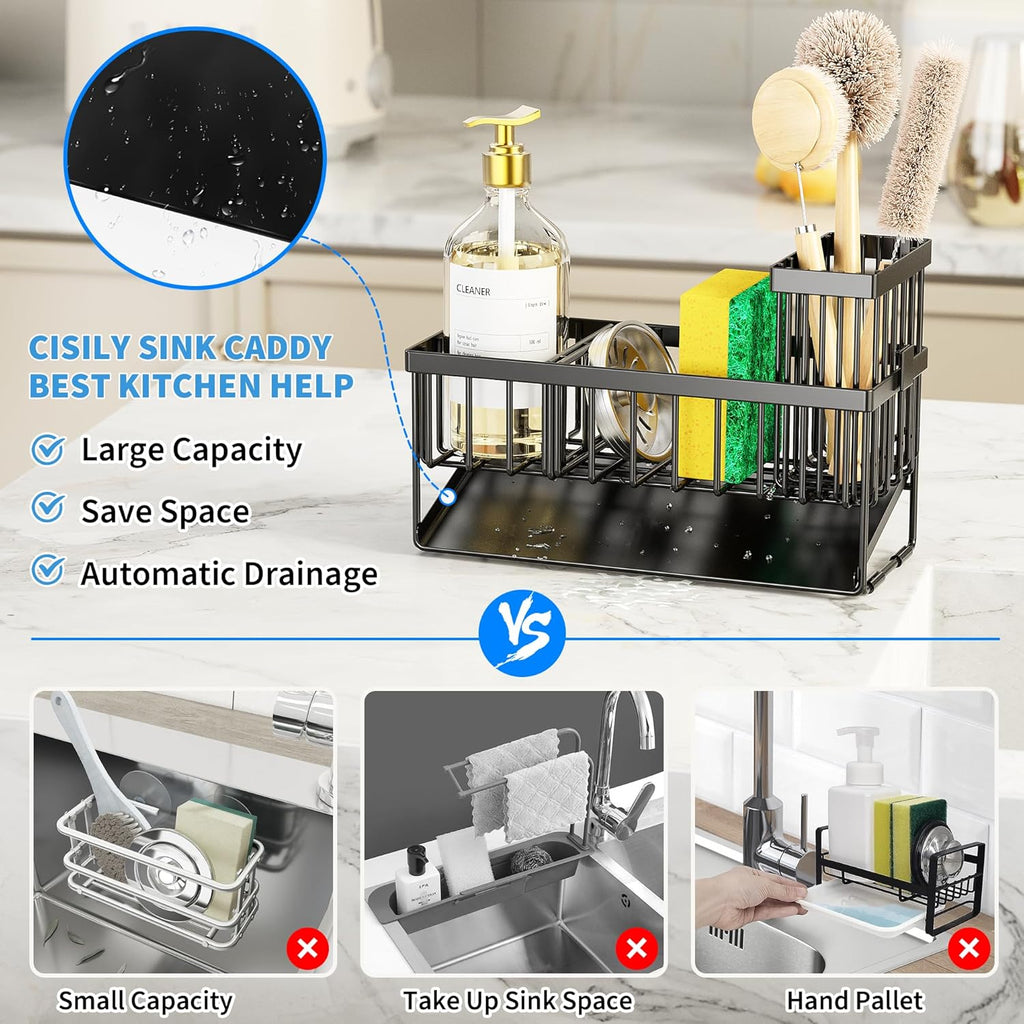 Sink Caddy Sponge Holder for Kitchen with Brush Holder and Stainless Steel Self Drain Tray, Rustproof Kitchen Sink Organizer for Sponge, Soap Dispenser Storage Accessories