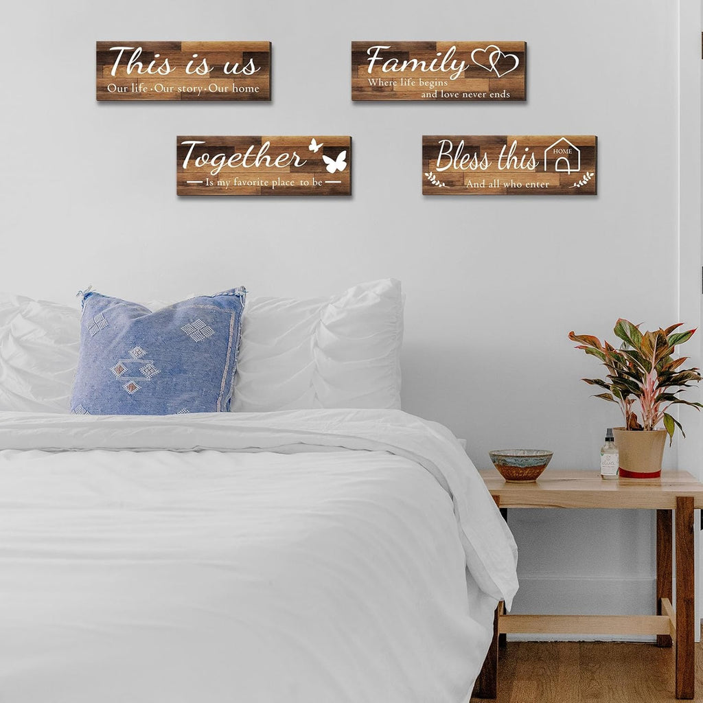4 Pieces Home Wall Signs, THIS IS US/TOGETHER/BLESS THIS HOME/FAMILY Wall Decor for Living Room Bedroom, Rustic Wooden Farmhouse Wall Art , 4.7 X 13.8 Inch(Brown)