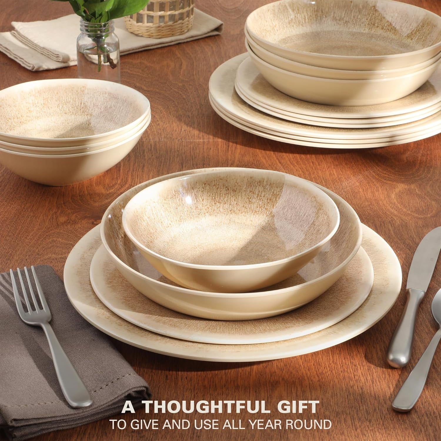 Casper Court 16-Piece Melamine Dinnerware Set – Beige Reactive Glaze Look Plates and Bowls, Service for 4 – Top Rack Dishwasher Safe Everyday Dining Set