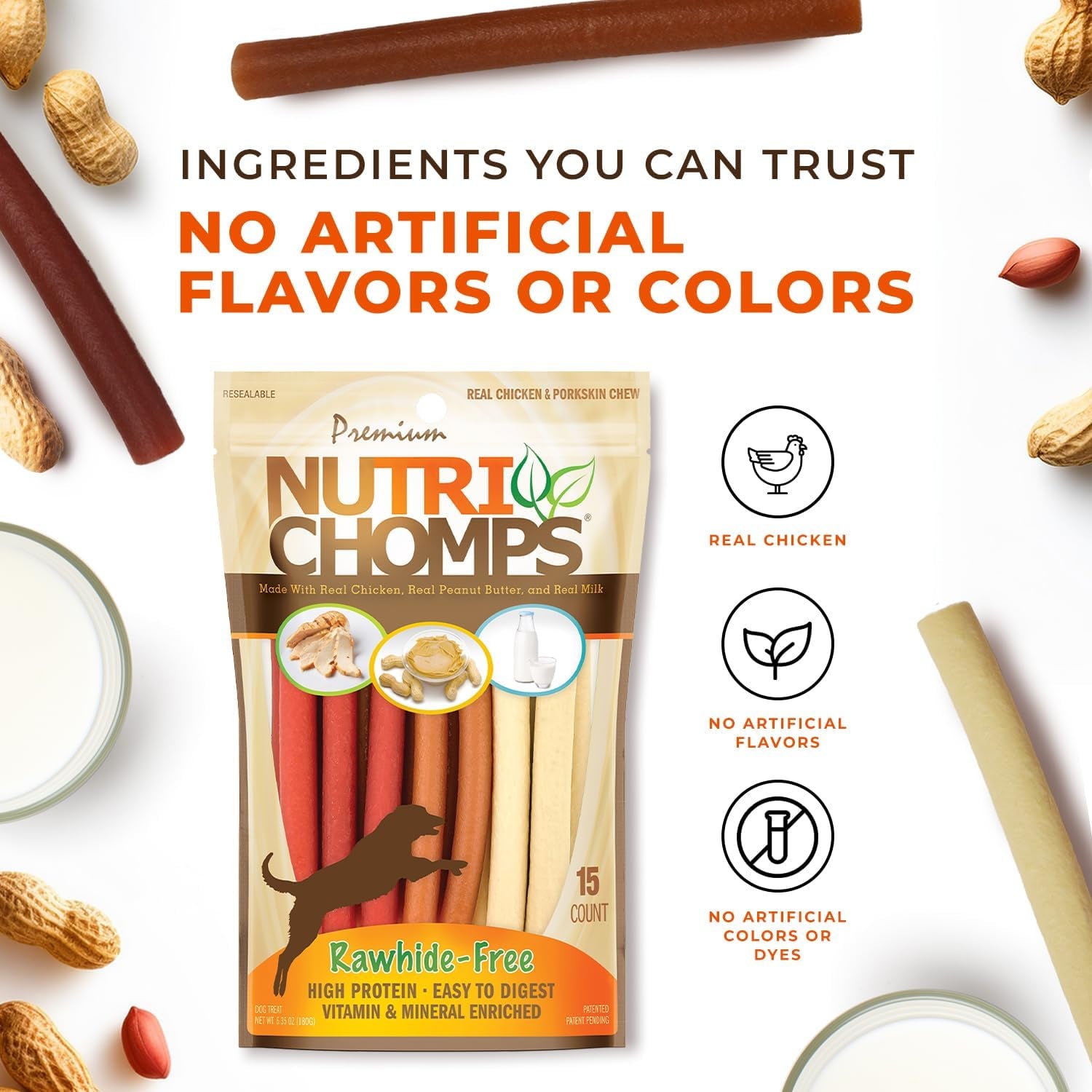 Nutrichomps Dog Chews, 5 Inch Twists, Real Chicken, Peanut Butter and Milk Flavors, 15 Count, Easy to Digest, Rawhide Free Dog Treats, Long Lasting, Vitamin and Mineral Enriched