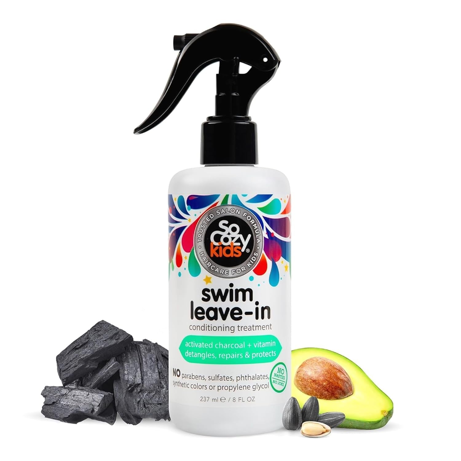 Socozy Swim Leave in Conditioner Spray & Treatment for Kids Hair (8 Fl Oz) Protects & Repairs Pool, Sun & Salt Damaged Hair, Gentle Formula with Activated Charcoal, Vitamin B5 & Sunflower Seed Extract