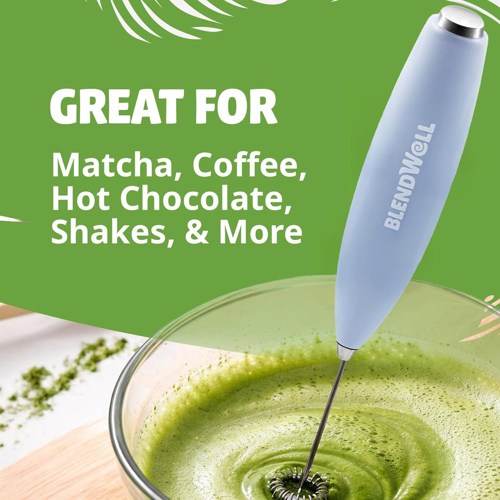 Electric Milk Frother for Matcha and Coffee, Handheld Battery Operated Drink Mixer with Stand, Stainless Steel Whisk, Light Blue