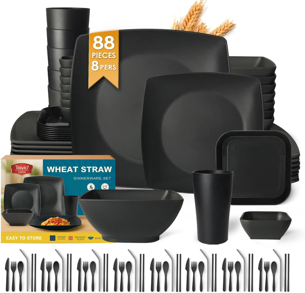 88-Piece with Flatware Plastic Kitchen Wheat Straw Square Dinnerware Set for 8, Unbreakable Dinner/Salad/Appetizer Plates, Snack Bowls, Dipping Sauce Cups,Tumblers, Dishwasher Safe Dish,Black