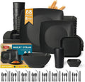 88-Piece with Flatware Plastic Kitchen Wheat Straw Square Dinnerware Set for 8, Unbreakable Dinner/Salad/Appetizer Plates, Snack Bowls, Dipping Sauce Cups,Tumblers, Dishwasher Safe Dish,Black