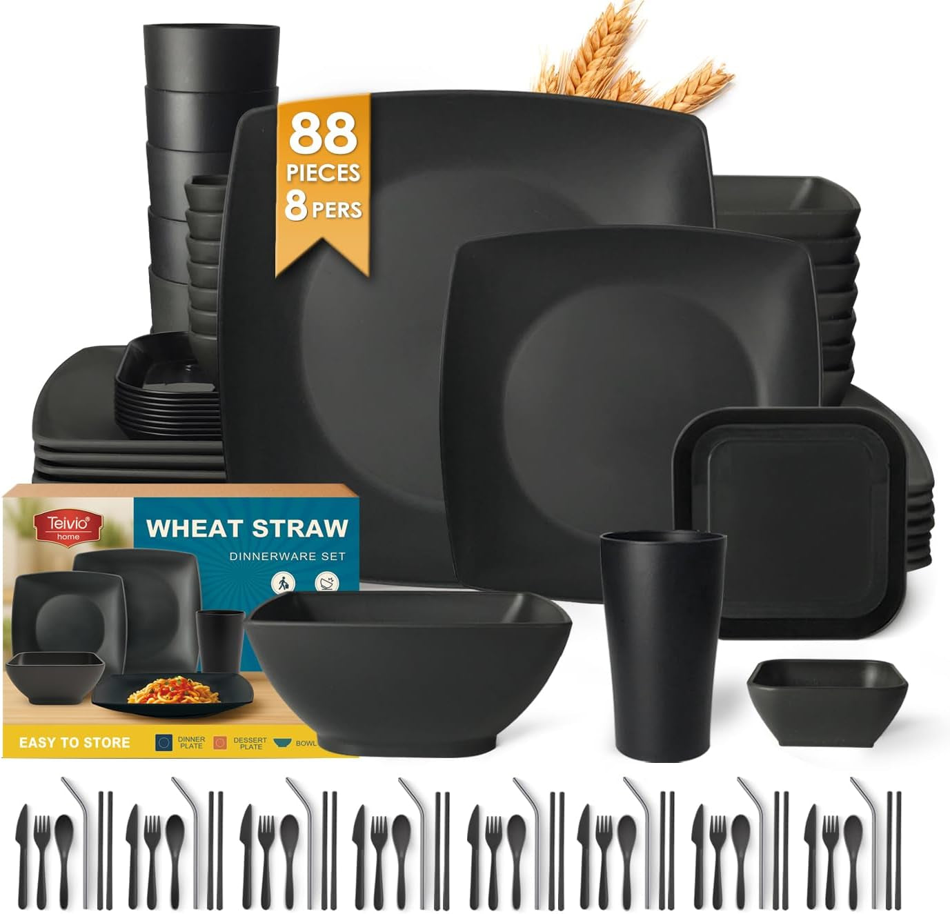88-Piece with Flatware Plastic Kitchen Wheat Straw Square Dinnerware Set for 8, Unbreakable Dinner/Salad/Appetizer Plates, Snack Bowls, Dipping Sauce Cups,Tumblers, Dishwasher Safe Dish,Black