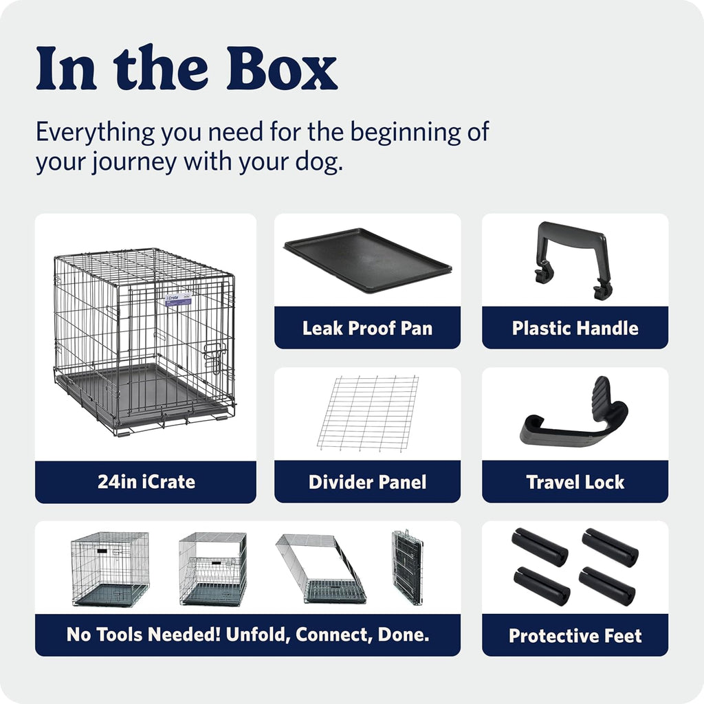 24-Inch Icrate for Small Breeds, 12-20 Lbs, Single Door Folding Dog Crate with Divider Panel, Leak-Proof Tray & Secure Latch, Portable, Durable & Easy to Assemble