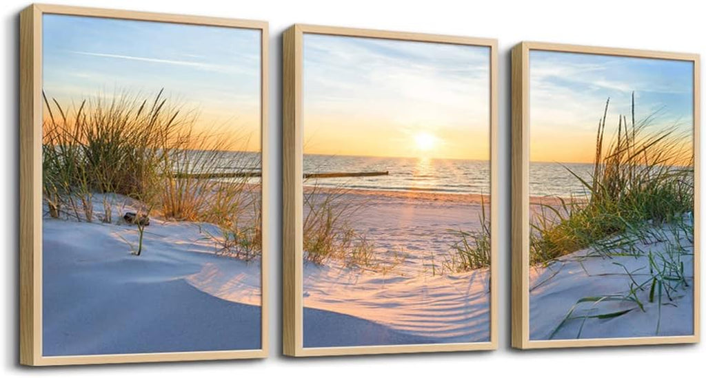 Natural Wood Framed Wall Art - Set of 3 Piece Framed Art Prints for Living Room, Bedroom, Office Wall Decor - Blue Beach Seascape Paintings Home Decor