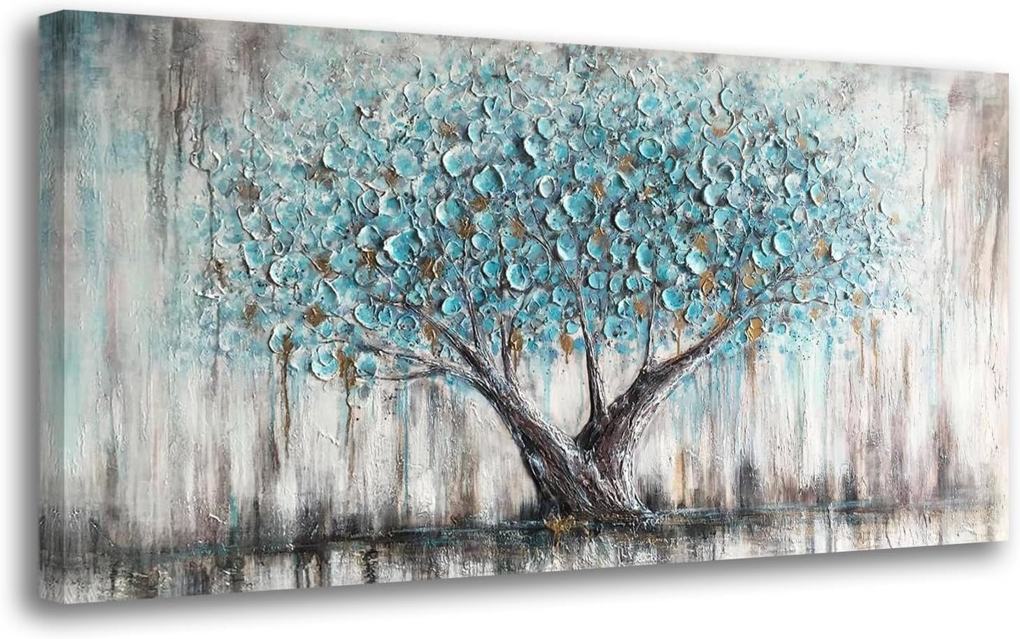 Tree of Life Wall Art Canvas for Living Room Blue Tree Nature Teal Painting, 50% Hand Painted Textured Picture Bedroom Panoramic Landscape Artwork Framed Home Office Decor 40"X20"