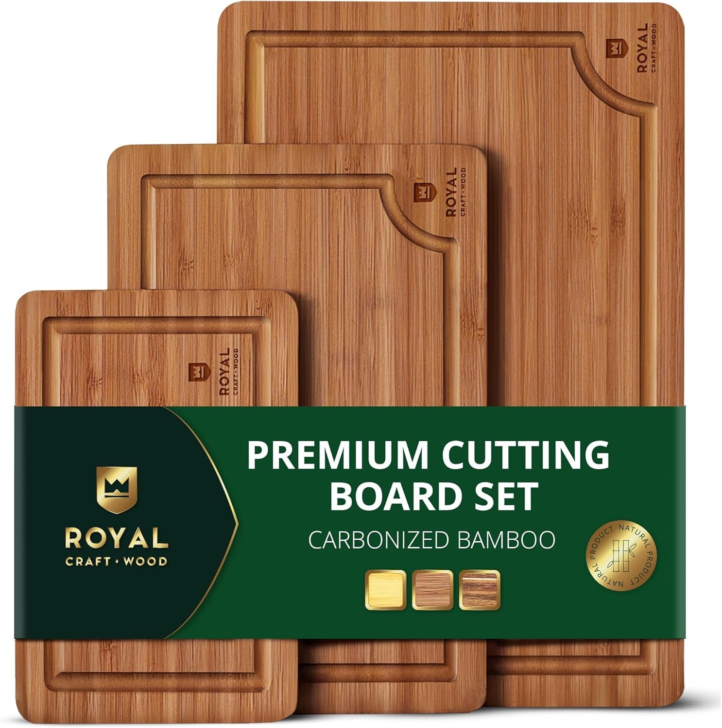 Wooden Cutting Boards for Kitchen Meal Prep & Serving - Non Toxic Bamboo Wood Cutting Board Set with Deep Juice Groove Side Handles - Charcuterie & Chopping Butcher Block for Meat