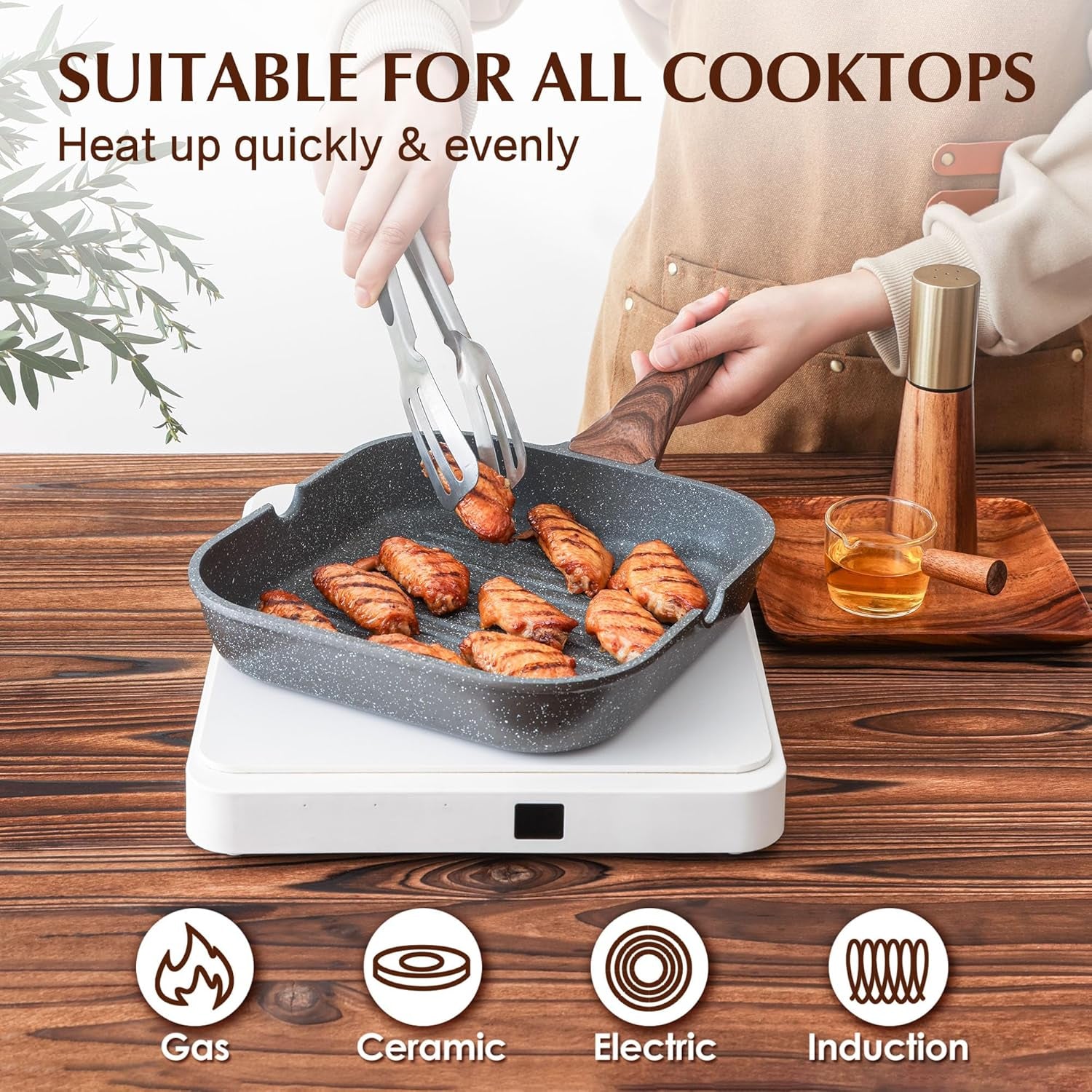 Nonstick Grill Pan for Stove Tops, Versatile Griddle with Pour Spouts, Square Big Cooking Surface, Durable Skillet Indoor & Outdoor Grilling. PFOA Free, 9.5 Inch