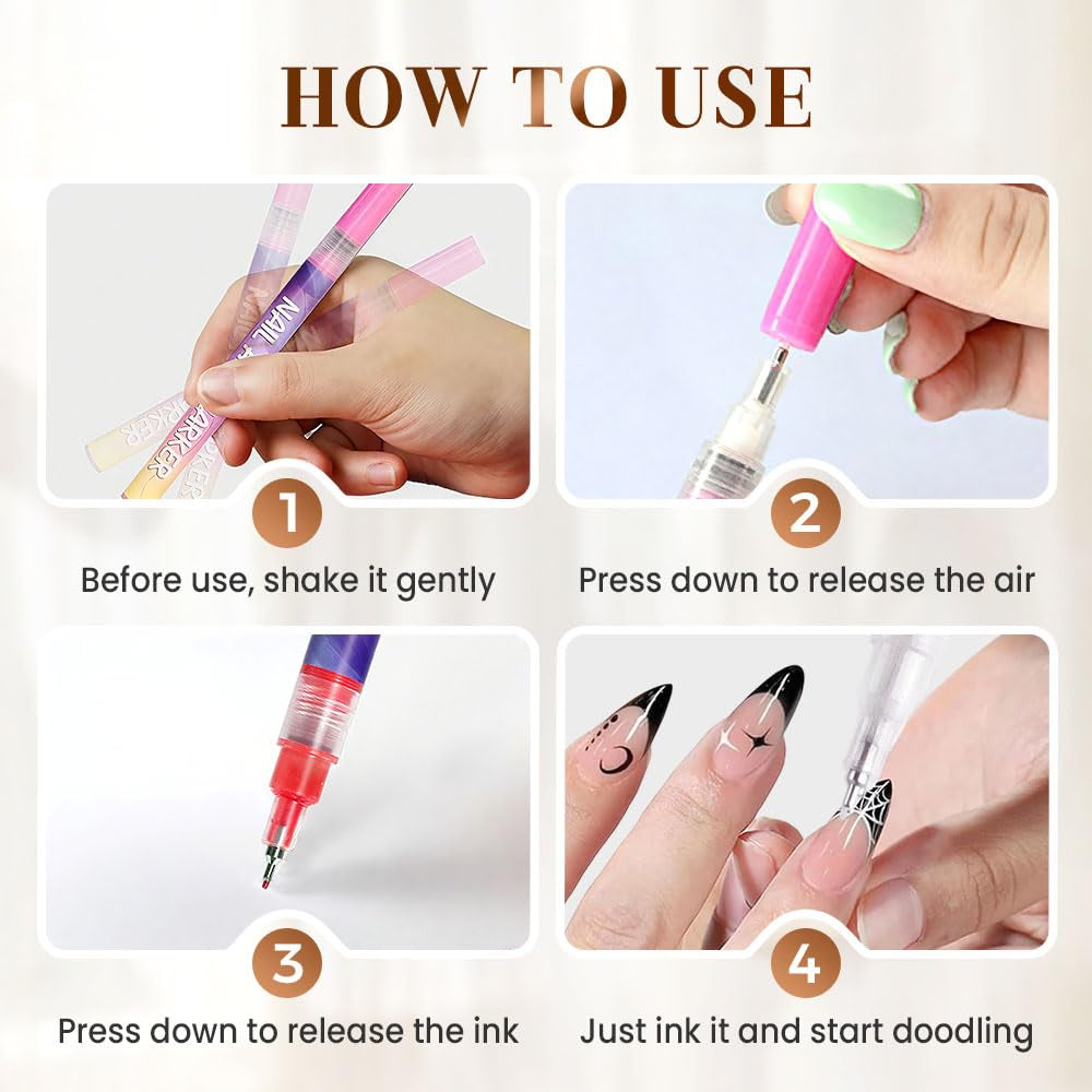 Nail Art Pens Set 12 Colors Nail Art Markers for Gel Nails,2025 Quickly Dry Nail Polish Pens Drawing Painting Pen,Nail Art Nail DIY Decoration for Home Salon (12 Color)