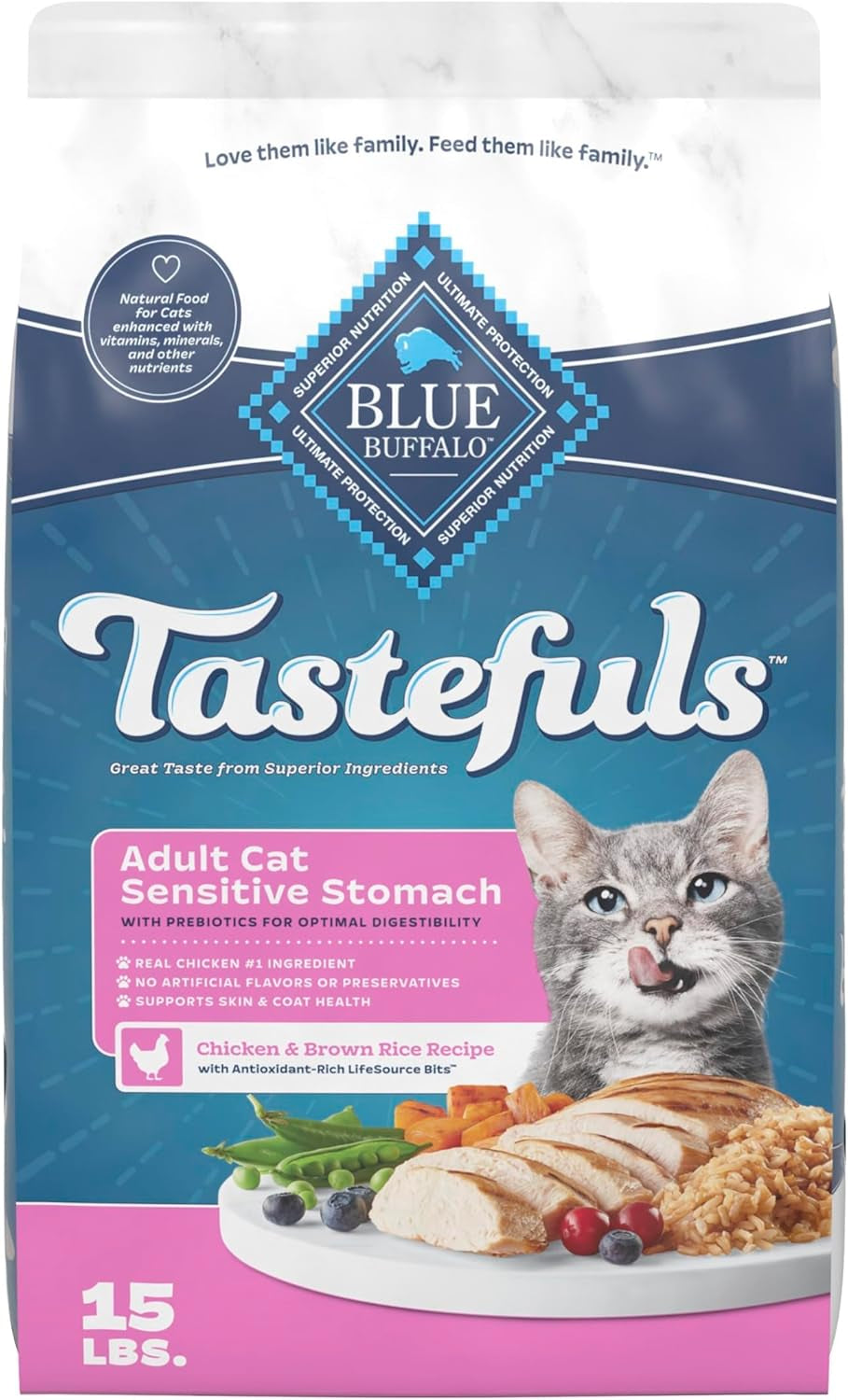 Tastefuls Natural Dry Food for Adult Cats, Sensitive Stomach, Chicken & Brown Rice Recipe, 15-Lb Bag