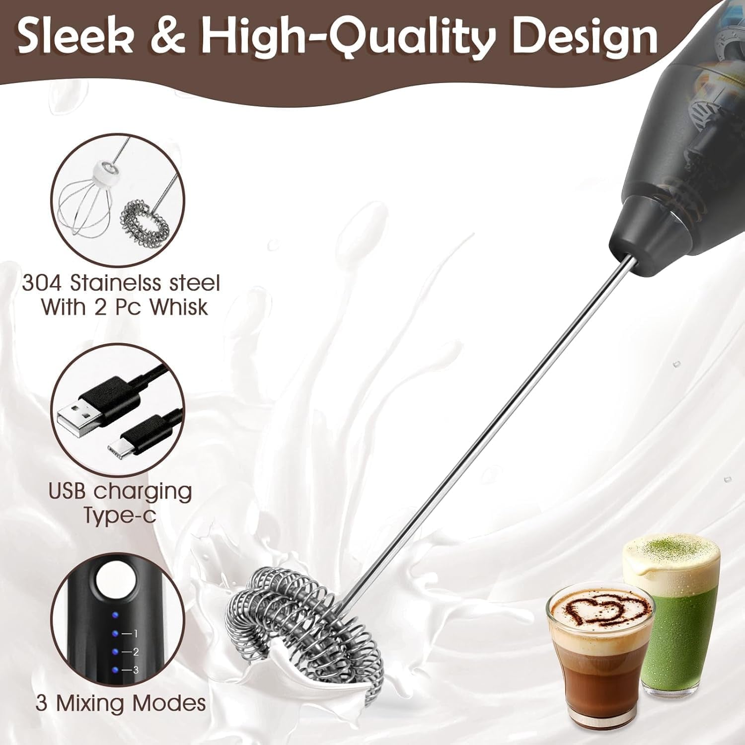 Powerful Milk Frother - Electric Handheld Milk Foam Maker with Stand, Milk Jug and 2 Stainless Steel Whisks, Rechargeable 3 Speeds for Coffee Lattes Cappuccino Matcha