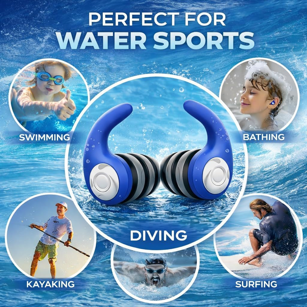 Waterproof Swimming Ear Plugs for Adults - 3 Pairs of Reusable Soft Silicone Swim Earplugs,Perfect for Surfing, Diving,Pool,Showering and Other Water Sports - Keep Water Out and Ear Protection