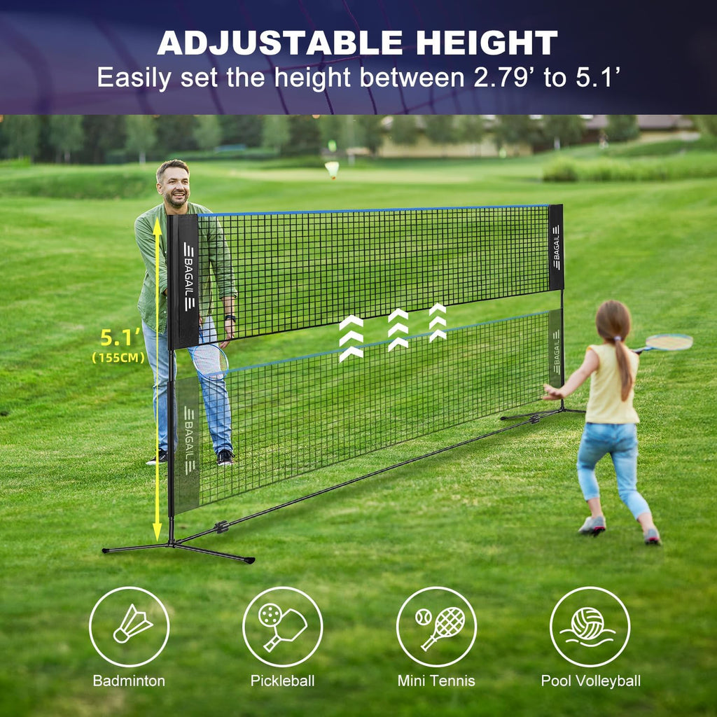 Badminton Net, Height Adjustable Kids Volleyball Net, Foldable Nylon Net 10 Ft/14Ft/17Ft Wide, Tennis Net, Small Pickleball Net for Backyard Game and Indoor Outdoor Use, Easy Setup