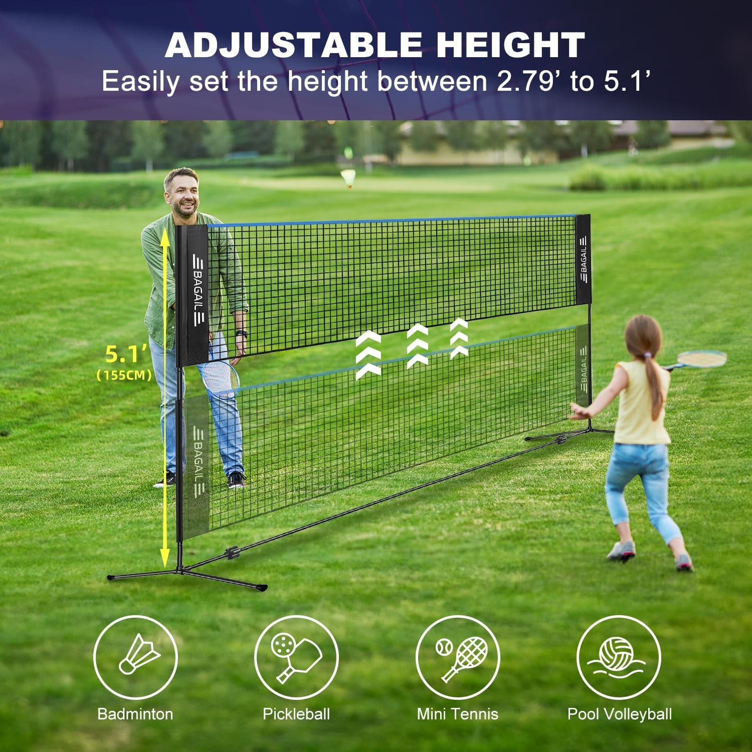 Badminton Net, Height Adjustable Kids Volleyball Net, Foldable Nylon Net 10 Ft/14Ft/17Ft Wide, Tennis Net, Small Pickleball Net for Backyard Game and Indoor Outdoor Use, Easy Setup