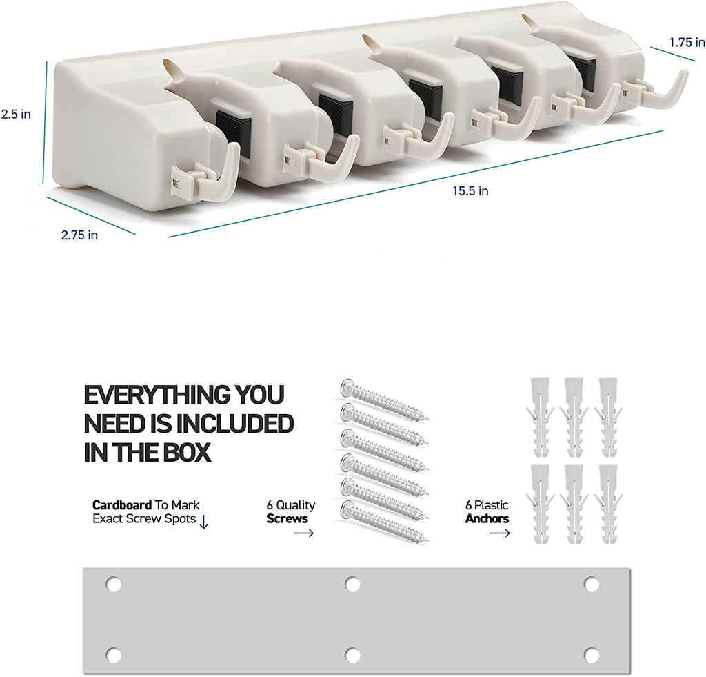 Mop and Broom Holder Wall Mount - Garage Storage Systems with 5 Slots, 6 Hooks, 7.5Lbs Capacity per Slot - Garden Tool Organizer for Home, Kitchen, Closet, Garage, Laundry Room - Off-White