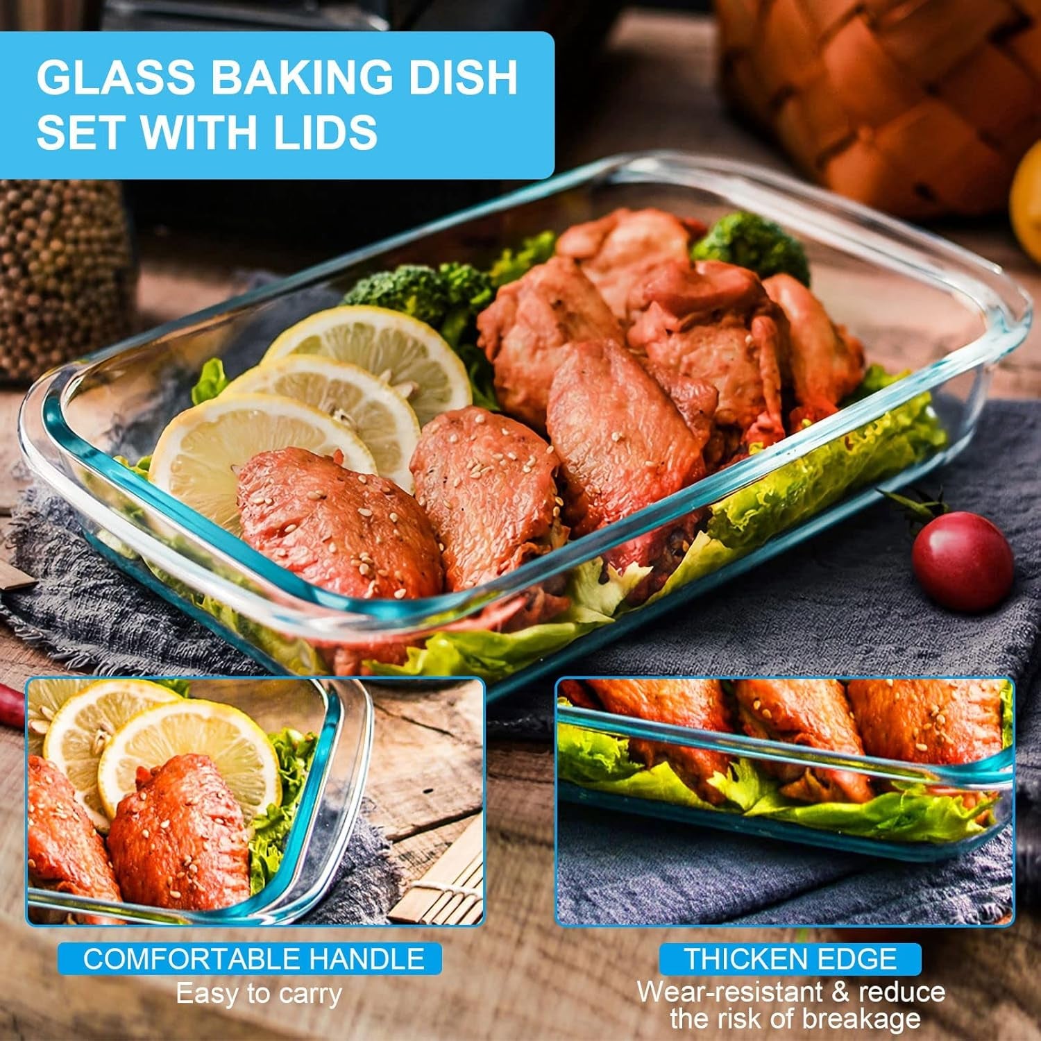 8 Pieces Glass Baking Dish with Lids Rectangular Glass Baking Pan Bakeware Set with Lids, Baking Pans for Lasagna, Leftovers, Cooking, Kitchen, Fridge-To-Oven, Gray