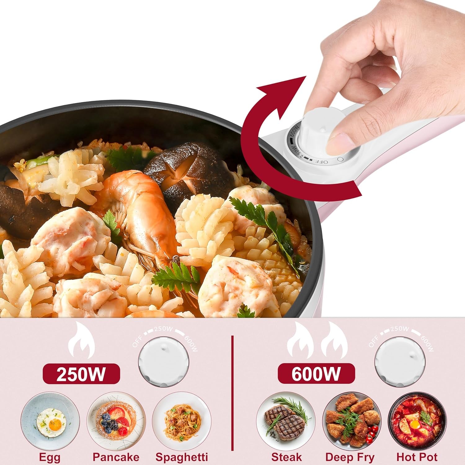 Hot Pot Electric Upgraded, Non-Stick Sauté Pan, Rapid Noodles Electric Pot, 1.5L Mini Portable Hot Pot for Steak, Egg, Fried Rice, Ramen, Oatmeal, Soup with Power Adjustment