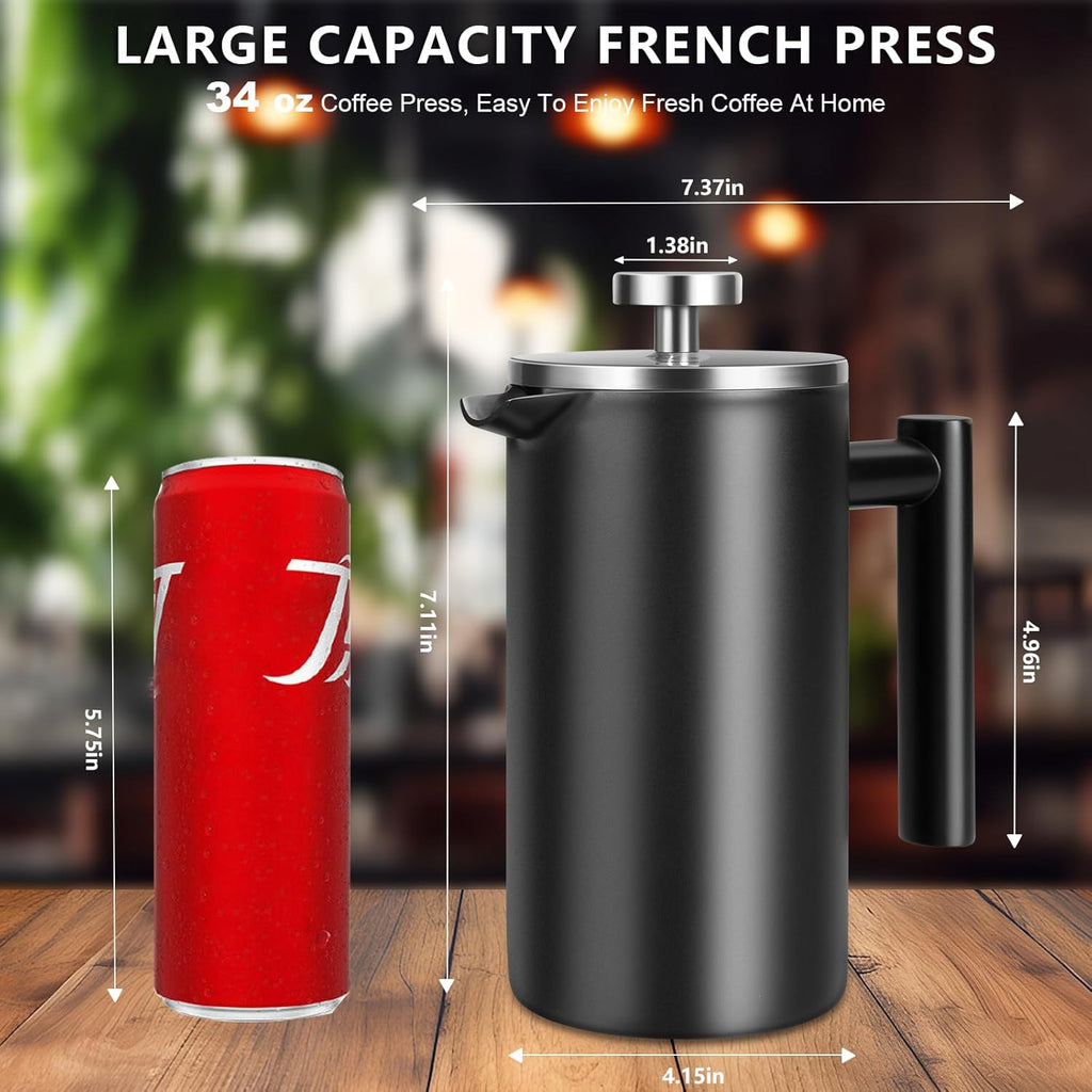 34 OZ Large French Press, Premium Stainless Steel Sturdy Insulated French Press Coffee Maker, 4-8 Cups French Coffee Press, Tea Presses for Home Kitchen Caming Loose Tea, Elegant Black