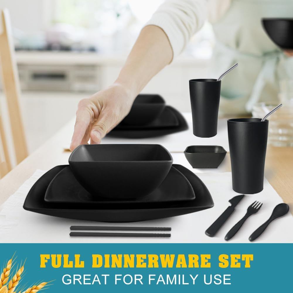 88-Piece with Flatware Plastic Kitchen Wheat Straw Square Dinnerware Set for 8, Unbreakable Dinner/Salad/Appetizer Plates, Snack Bowls, Dipping Sauce Cups,Tumblers, Dishwasher Safe Dish,Black