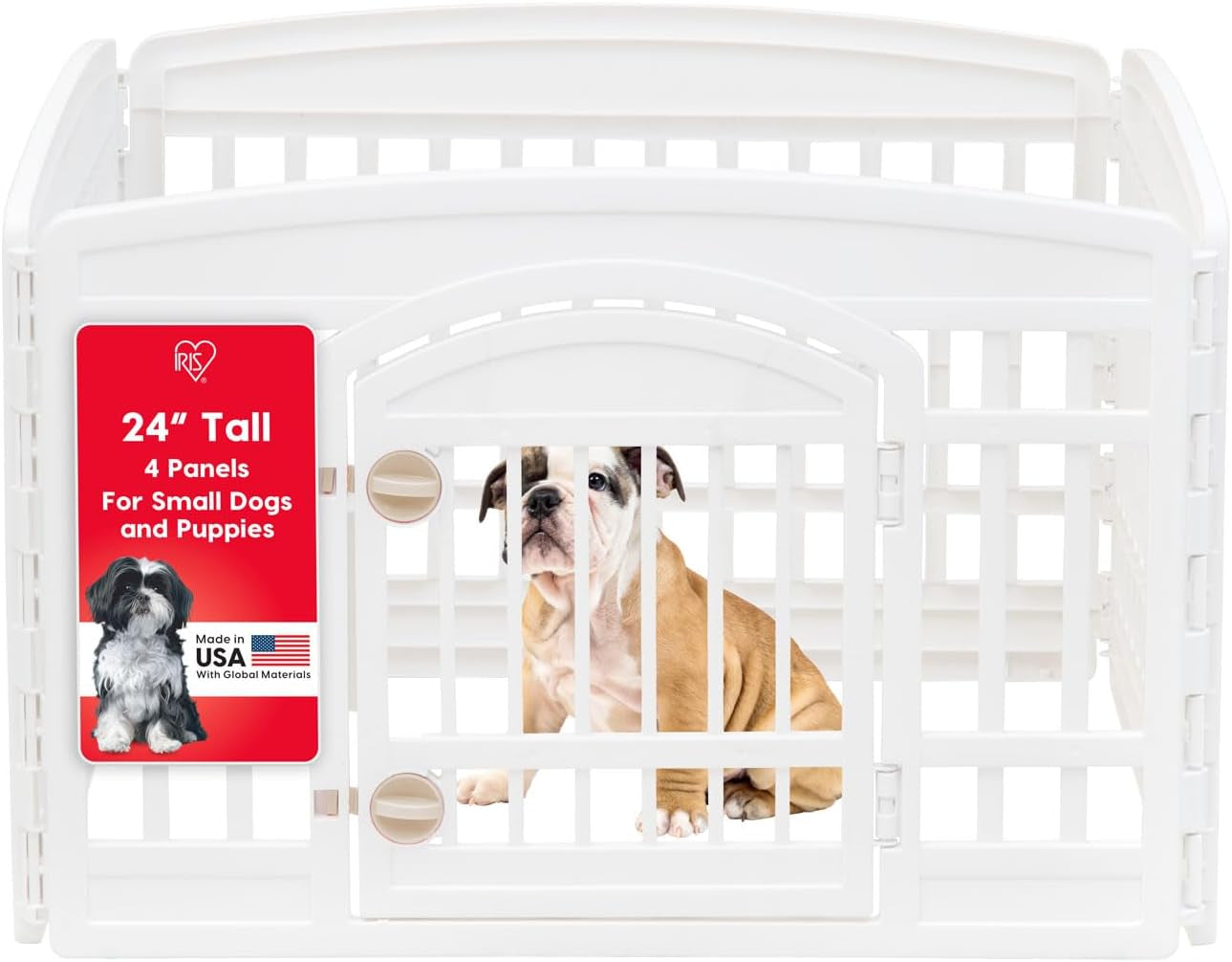 Dog Playpen with Door, 24” 4 Panel Pet Exercise Pen – Indoor Outdoor Puppy Play Pen, Portable Plastic Pet Fence for Small Medium Dogs, Foldable 35” X 35” X 24”, White