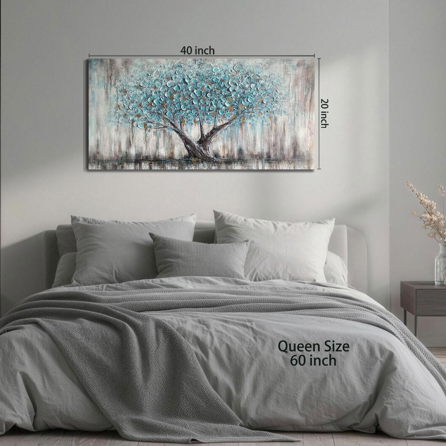 Tree of Life Wall Art Canvas for Living Room Blue Tree Nature Teal Painting, 50% Hand Painted Textured Picture Bedroom Panoramic Landscape Artwork Framed Home Office Decor 40"X20"