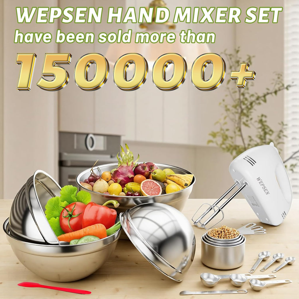 5-Speed Electric Hand Mixer, 4 Large Mixing Bowls Set, Handheld Mixers with Whisks Beater, Stainless Steel Metal Nesting Bowl Measuring Cups Spoons Kitchen Cake Blender for Baking Supplies
