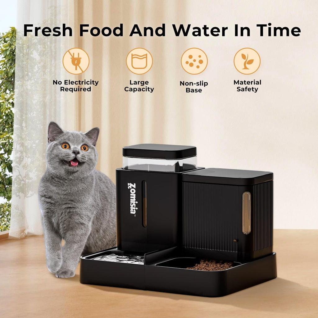 Automatic Cat Feeder and Water Dispenser Set, 2 in 1 Gravity Cat Food Dispenser with 180 Degree Rotatable, Pet Self Feeding Large Capacity for Small Dogs Puppy Kitten, Black, 0.8 Gallon X 2