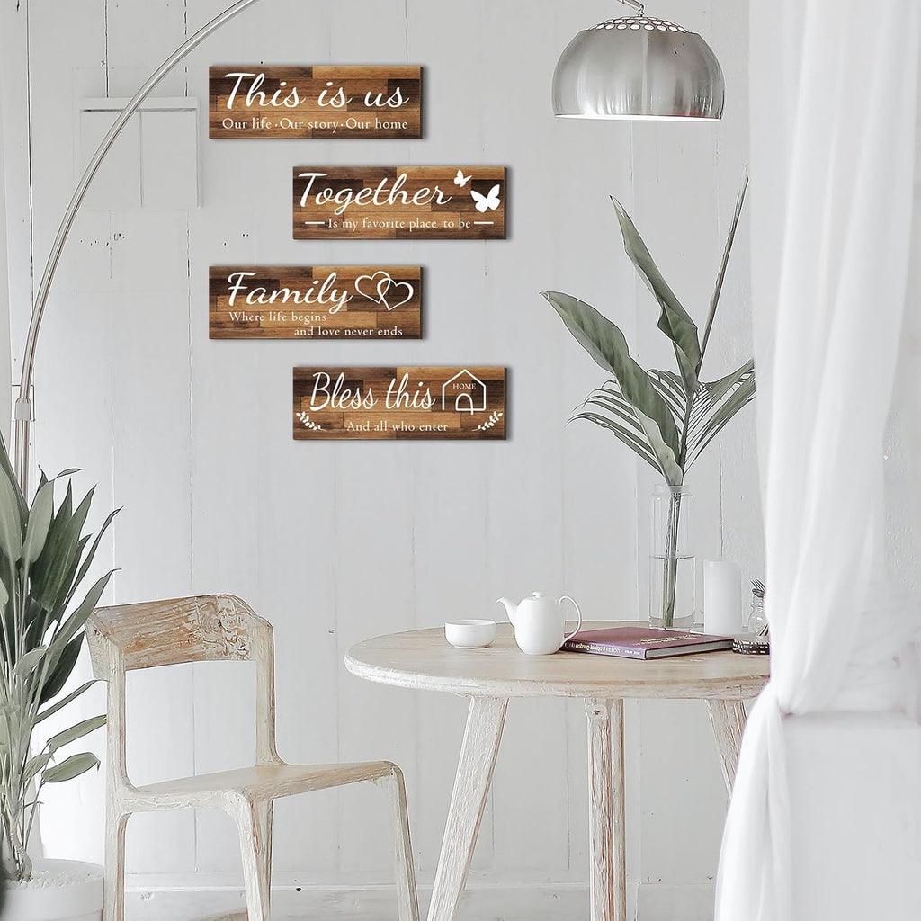4 Pieces Home Wall Signs, THIS IS US/TOGETHER/BLESS THIS HOME/FAMILY Wall Decor for Living Room Bedroom, Rustic Wooden Farmhouse Wall Art , 4.7 X 13.8 Inch(Brown)