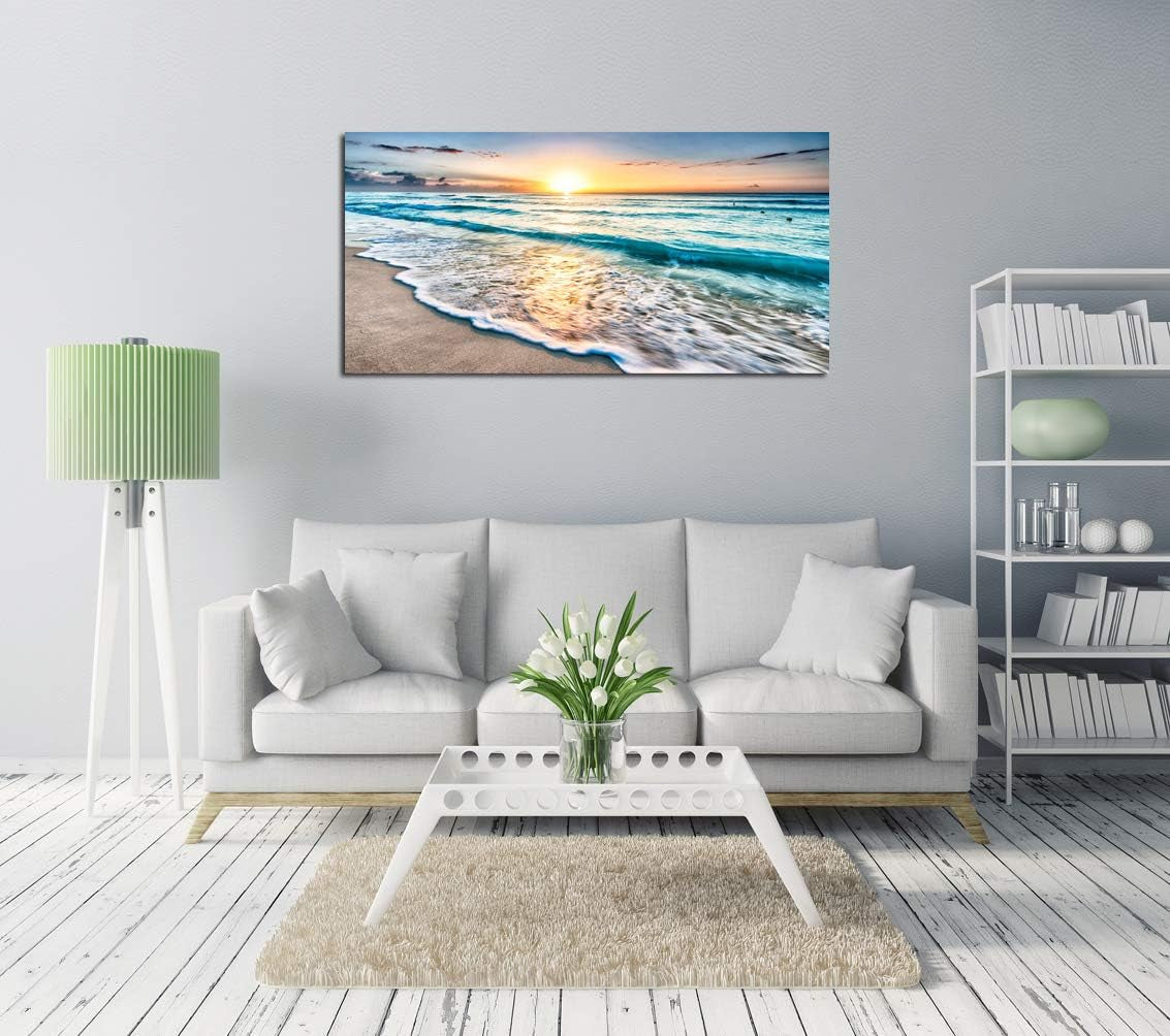S02250 Canvas Prints Wall Art Beach Sunset Ocean Waves Nature Pictures Stretched Canvas Wooden Framed for Living Room Bedroom and Office