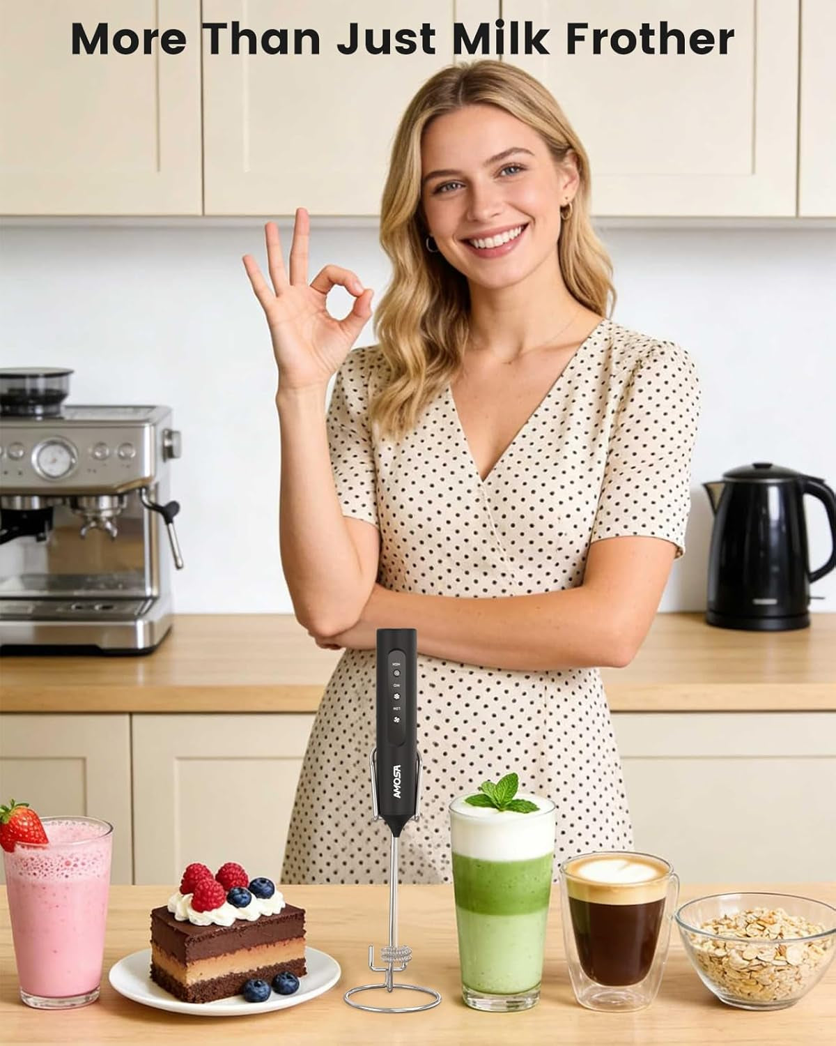 Milk Frother Handheld with Stand, Rechargeable Frother with 3 Speeds & 3 Heads, Travel Frother with Case, Coffee Mixer for Latte, Milk, Cream, Egg, Coffee, Cappuccino