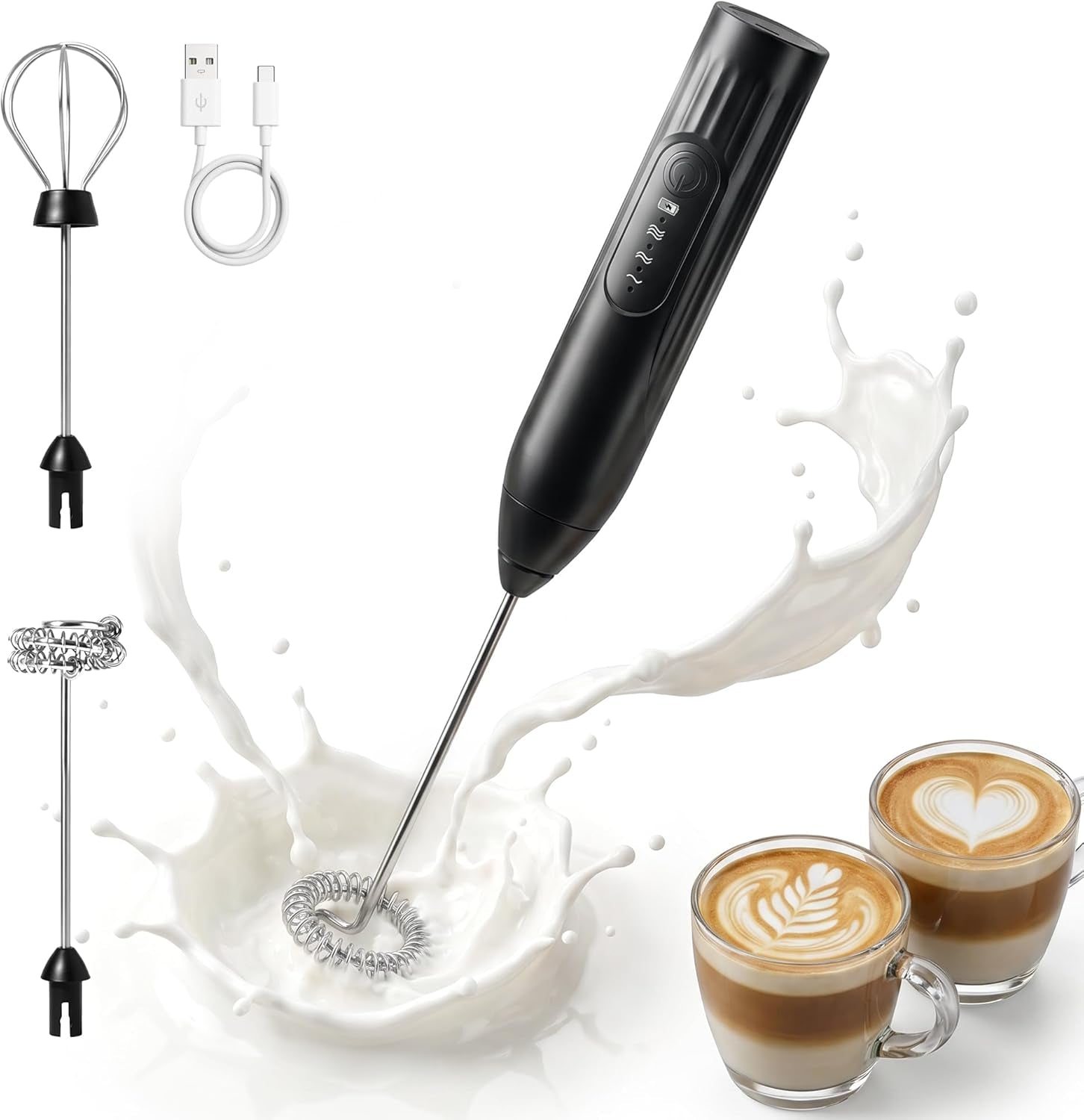 Milk Frother, Rechargeable Electric Foam Maker,Handheld Mixer with Stainless Steel Whisk, Portable Drink Mixer for Coffee Latte Cappuccino, Charging Usb-C,Black