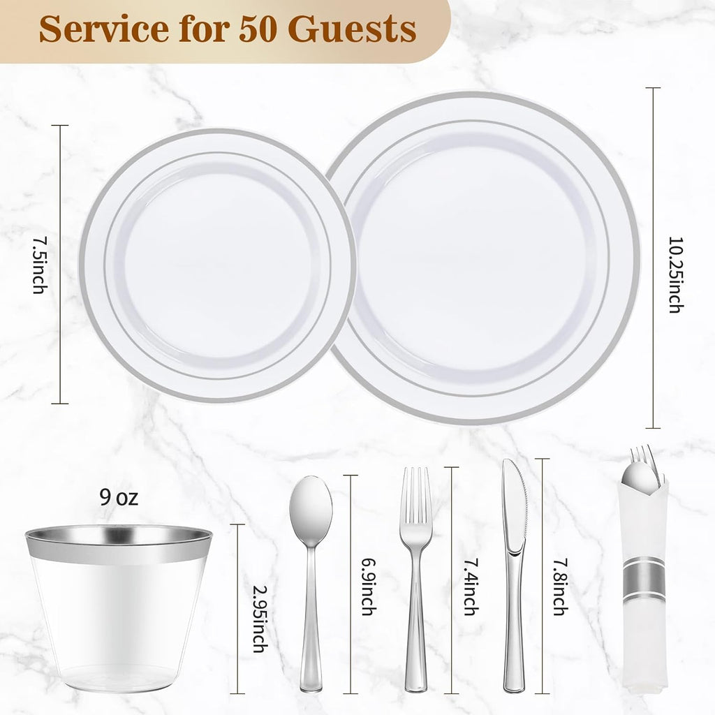 350PCS Silver Plastic Dinnerware Set, Disposable Party Plates for 50 Guests, Include: 100 Plastic Plates, 50 Pre Rolled Napkins with Silver Silverware, 50 Cups