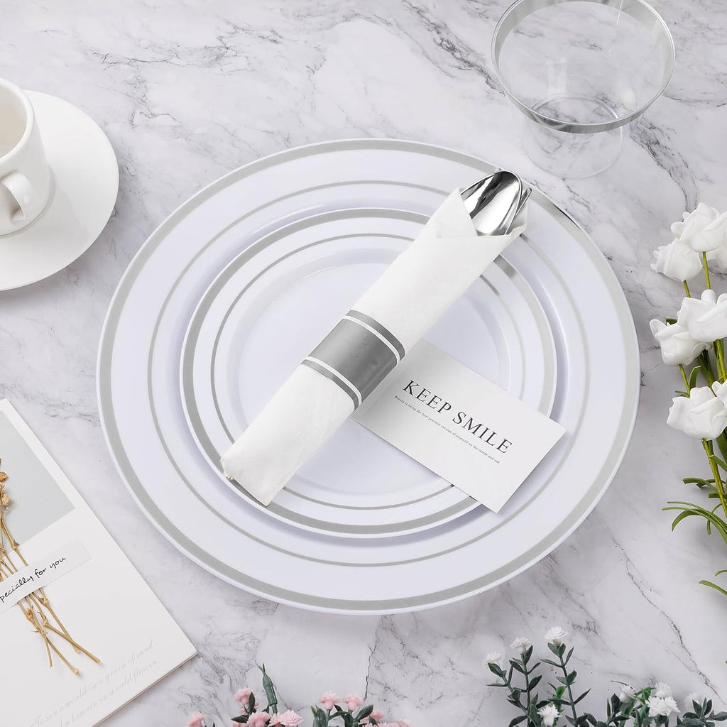 350PCS Silver Plastic Dinnerware Set, Disposable Party Plates for 50 Guests, Include: 100 Plastic Plates, 50 Pre Rolled Napkins with Silver Silverware, 50 Cups