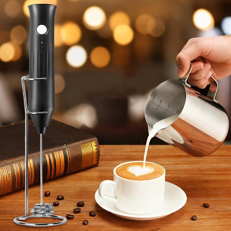 Powerful Milk Frother - Electric Handheld Milk Foam Maker with Stand, Milk Jug and 2 Stainless Steel Whisks, Rechargeable 3 Speeds for Coffee Lattes Cappuccino Matcha