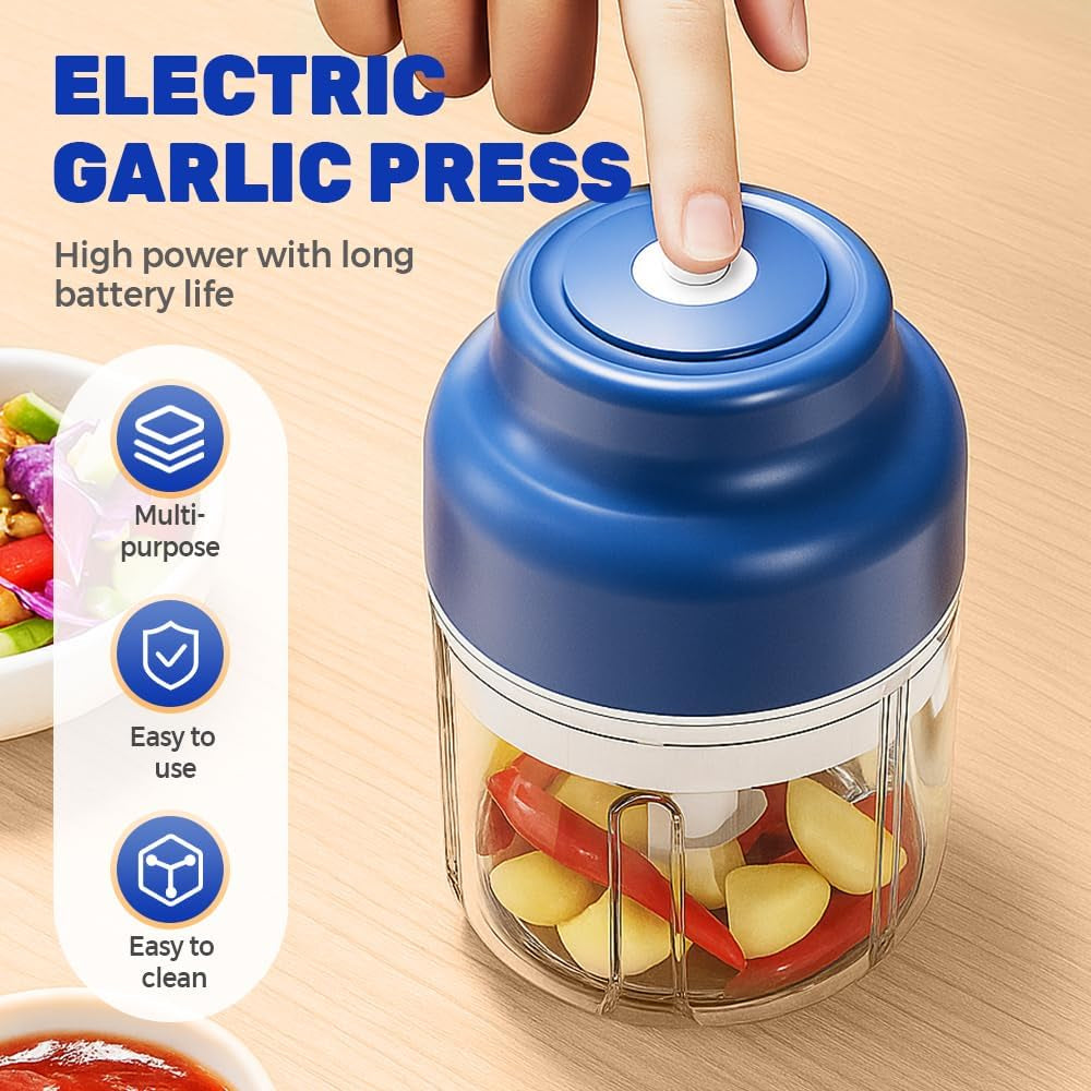 Electric Garlic Chopper with USB Rechargeable Design, Portable Food Processor for Garlic, Onion, Chili, Nuts, Vegetables, One-Touch Mini Kitchen Helper (Blue, 250Ml)