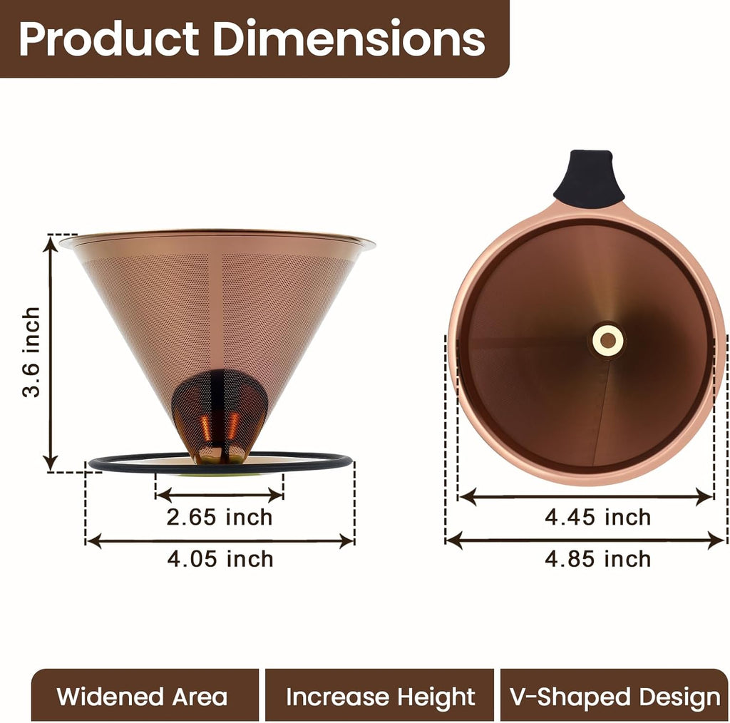 【2.0 Upgraded】Pour over Coffee Dripper, Stainless Steel Drip Cone Brewer, Reusable Metal Coffee Strainer with Non-Slip Ring & Handle, Paperless Pour over Coffee Maker (2.0 Titanium Copper)