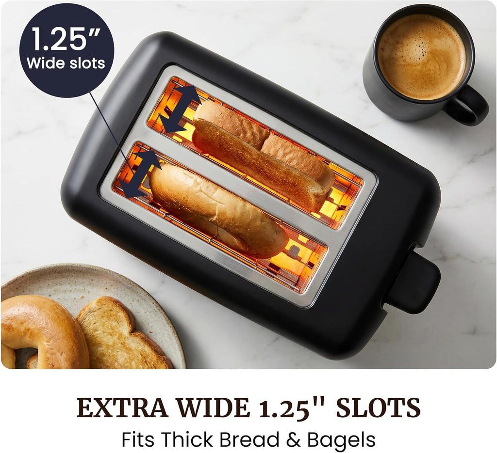 2-Slice Cool Touch Toaster – 6 Browning Levels, Extra Wide 1.25” Slots for Bagels & Thick Bread, Cancel Function, Compact, ETL Certified, Black