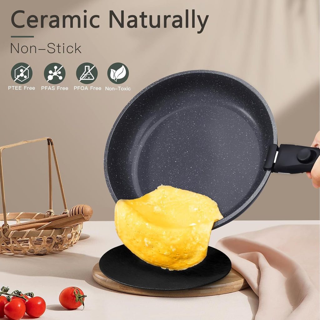 Ceramic Pots and Pans Set Non Stick, 11 Piece Nonstick Detachable Handle Cookware Sets, Non Toxic Induction Kitchen Pot and Pan with Removable Handle, Healthy RV Cookware, Dishwasher ＆Oven Safe