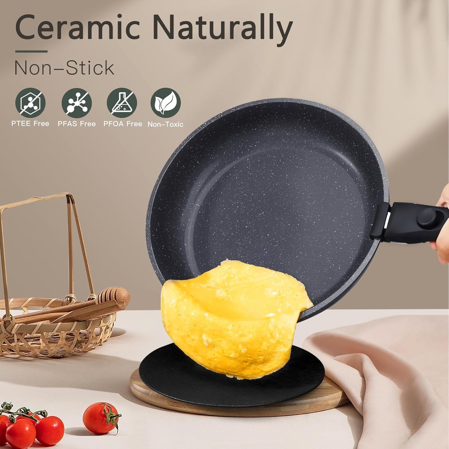 Ceramic Pots and Pans Set Non Stick, 11 Piece Nonstick Detachable Handle Cookware Sets, Non Toxic Induction Kitchen Pot and Pan with Removable Handle, Healthy RV Cookware, Dishwasher ＆Oven Safe