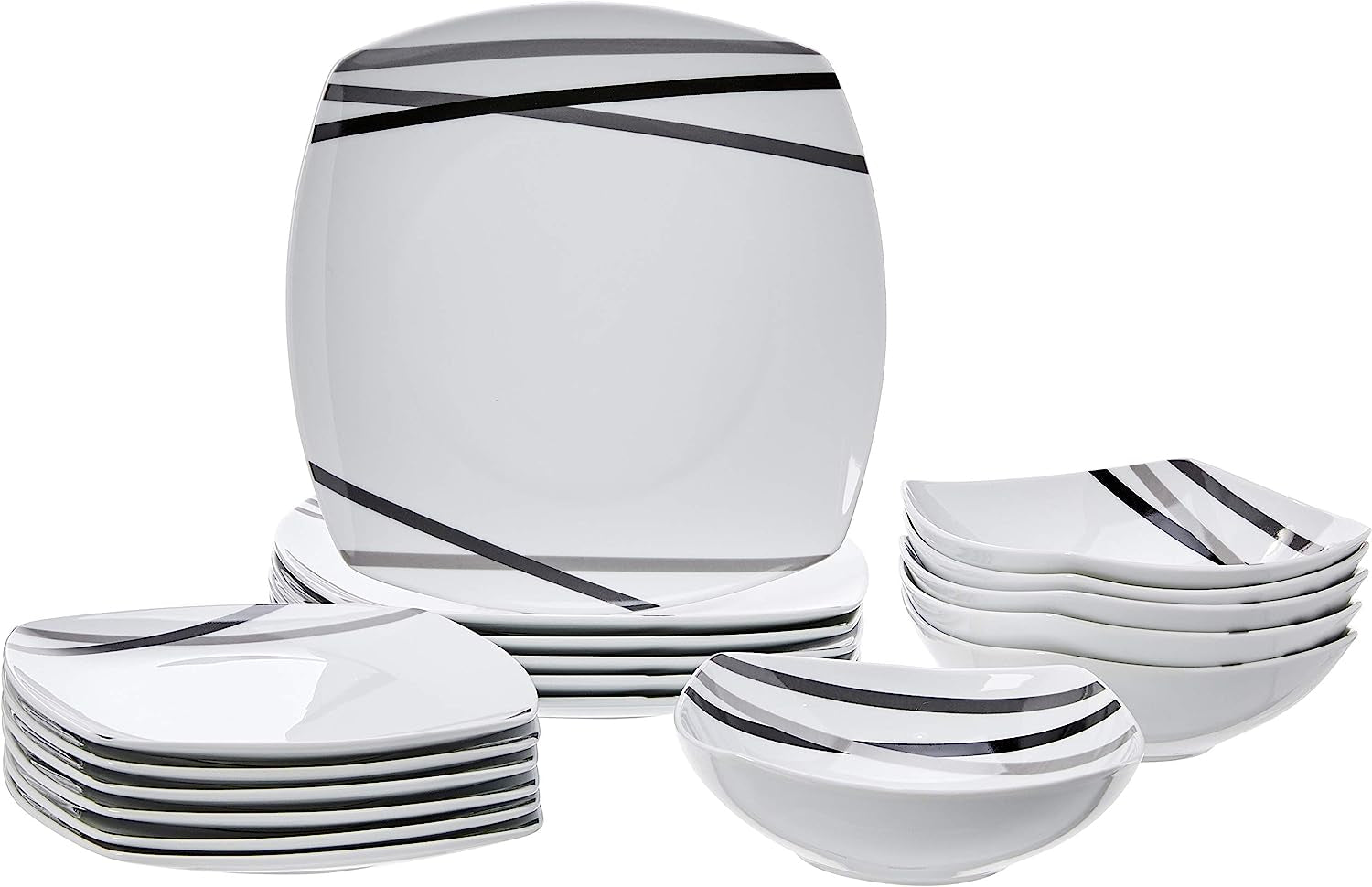 Square Dinnerware Set for 6, Plates and Bowls for Kitchen, 18-Piece, Dishwasher and Microwave Safe, Modern Beams
