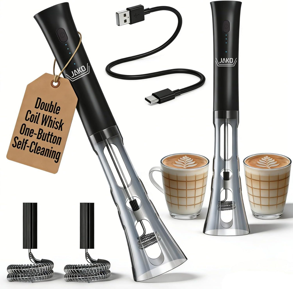 Milk Frother Handheld, Low Noise Rechargeable Frother Wand with Stand, Stainless Steel Shaft for Stability Stirrers Electric, Anti-Accidental Start Design, Coffee Mixer with 2 Double Coil Whisks