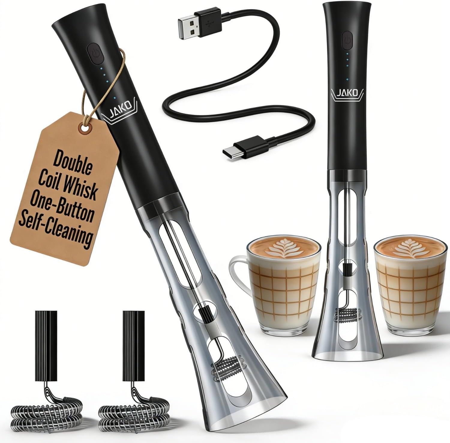 Milk Frother Handheld, Low Noise Rechargeable Frother Wand with Stand, Stainless Steel Shaft for Stability Stirrers Electric, Anti-Accidental Start Design, Coffee Mixer with 2 Double Coil Whisks