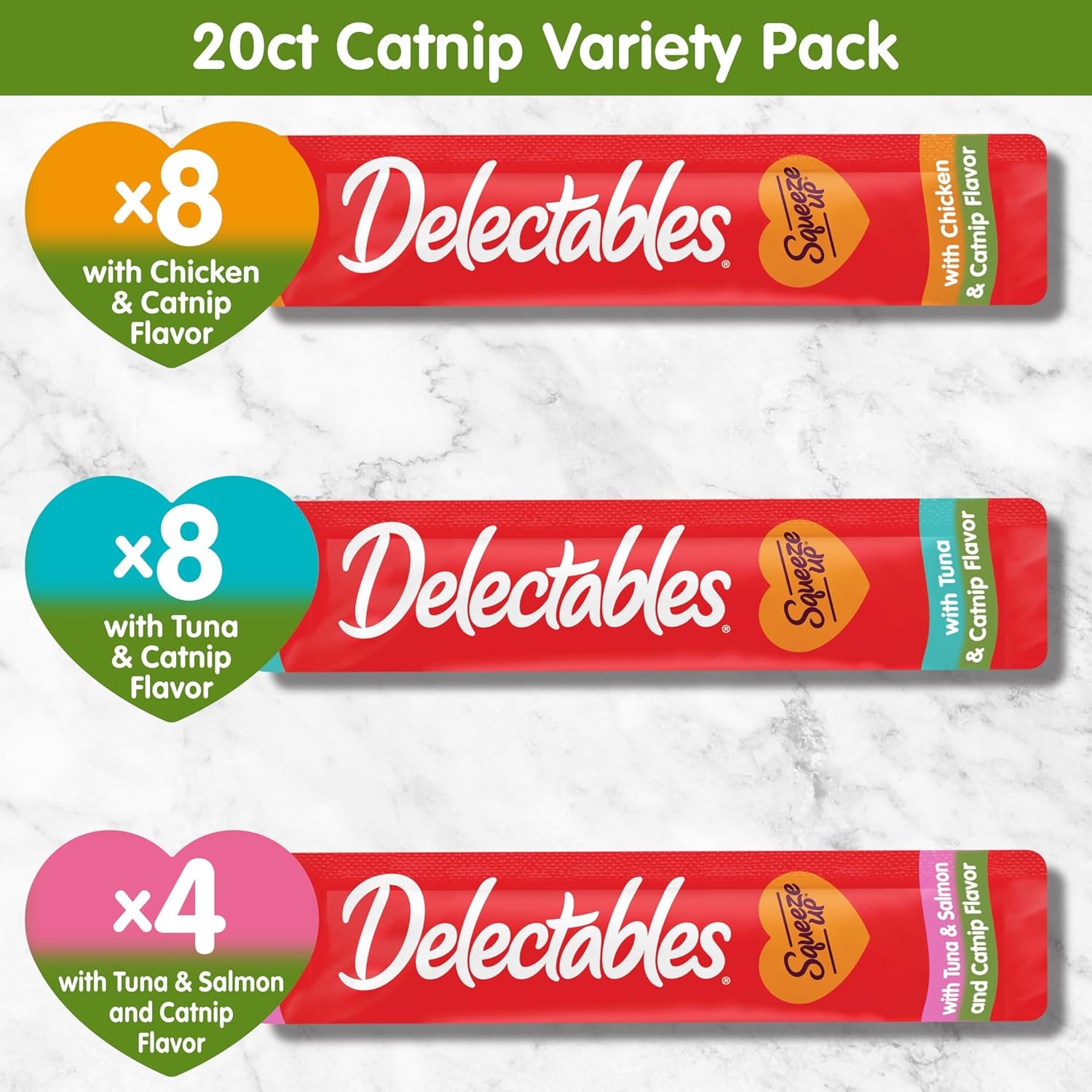Squeeze up Catnip Variety Pack, Creamy Squeezable Puree, Lickable Wet Cat Treats, Grain Free, No Added Fillers, No By-Products, No Added Preservatives, 0.5 Ounces Tube, 20 Tubes Total